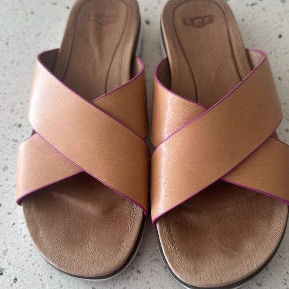 UGG Kari Women's Natural Tan & Pink Leather Slide Sandals Casual Comfy Size 6.5 - Picture 5 of 8